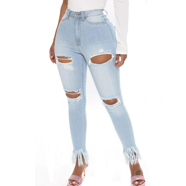 Women Ripped Jeans Skinny Mid Waist Denim Pants Jeggings Stretch Pencil Trousers
